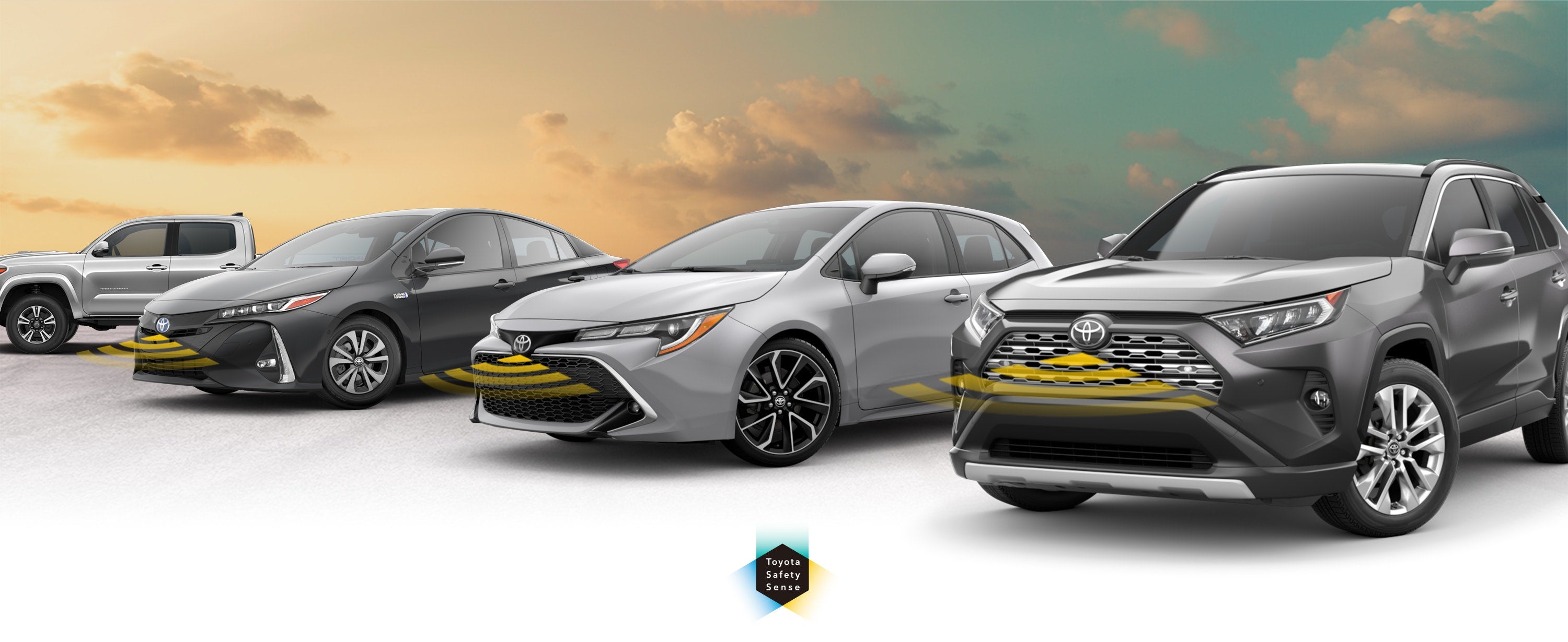 Toyota Safety Sense: Designed for Safety. Options shown on Toyota models including RAV4, Tacoma, and Camry, available now at Findlay Toyota Prescott in Prescott AZ.